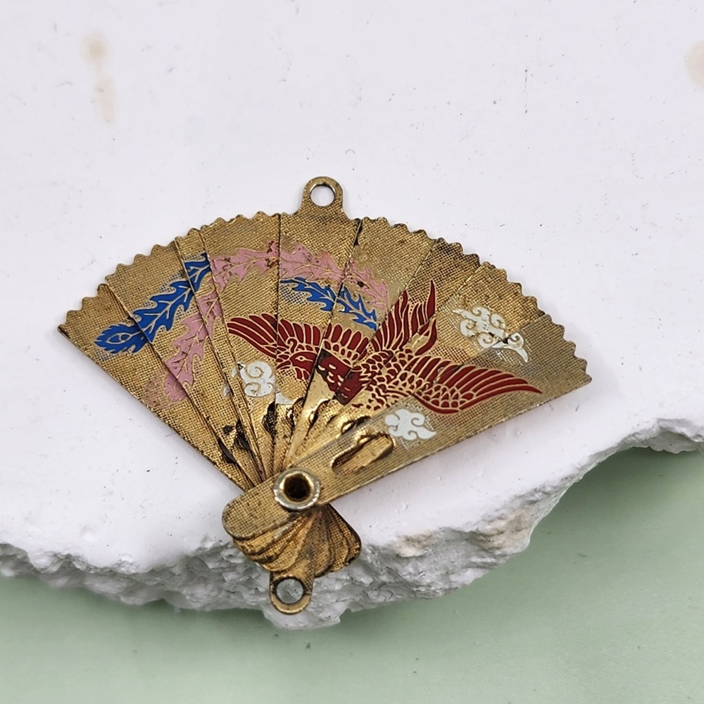 Vintage Asian Folding Fan Pendant Gold Tone Enamel Bird Floral Articulated Charm